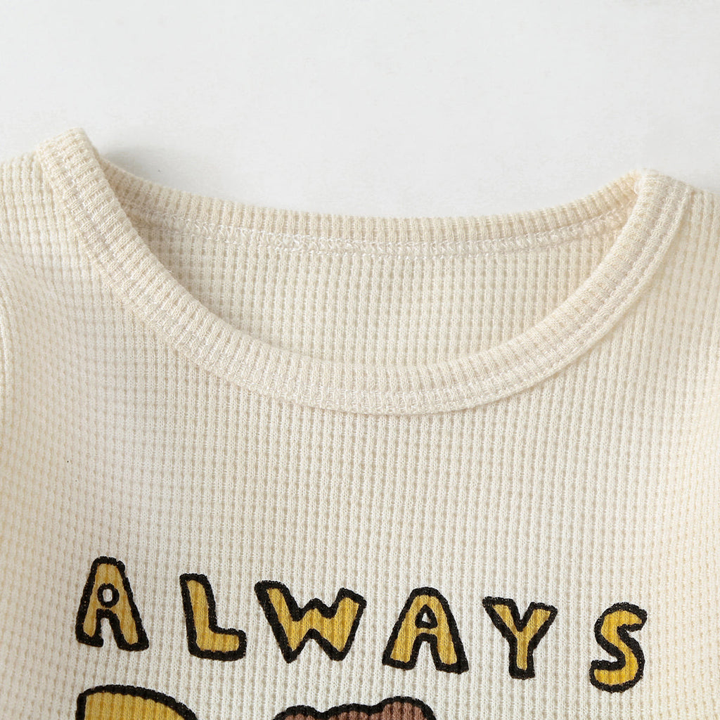 Baby Cartoon Bear & Slogan Pattern Waffle Fabric Tops Combo Solid Shorts 1-Piece Sets