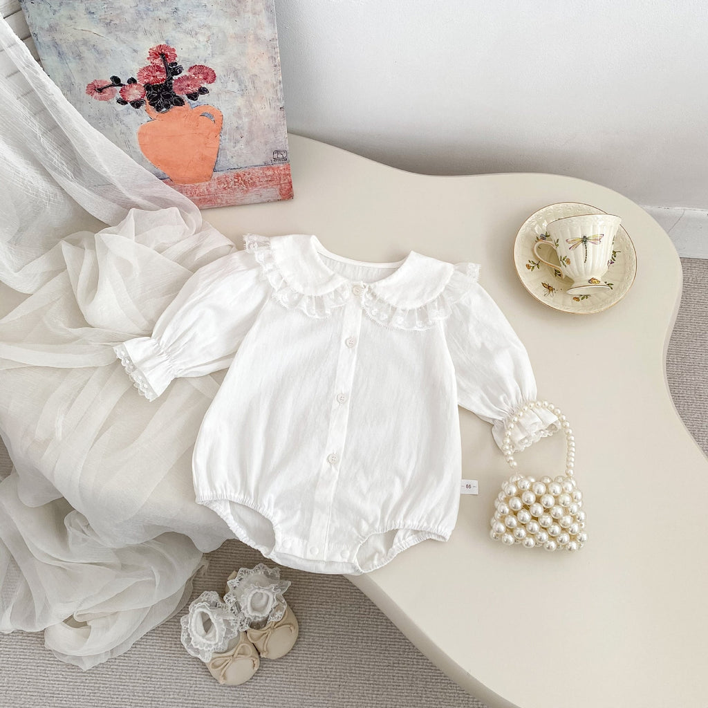 Spring Arrival Baby Girls Long Sleeves Floral Embroidered Lace Trim Collar Onesies Bodysuits